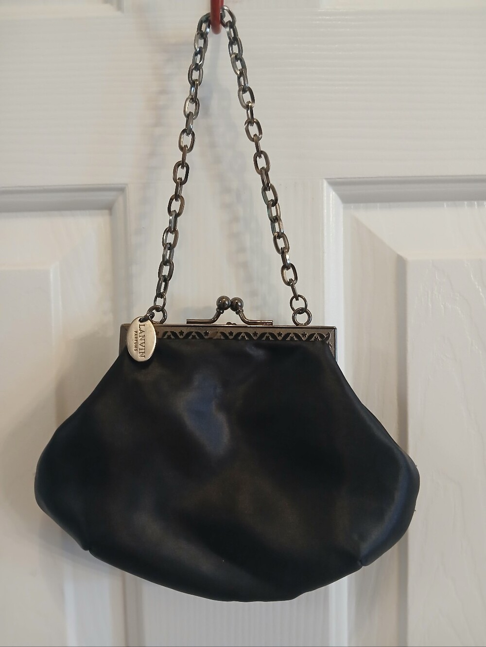 LANVIN PARFUMS Vintage-Inspired Black Satin Evening Bag with Chain Handle